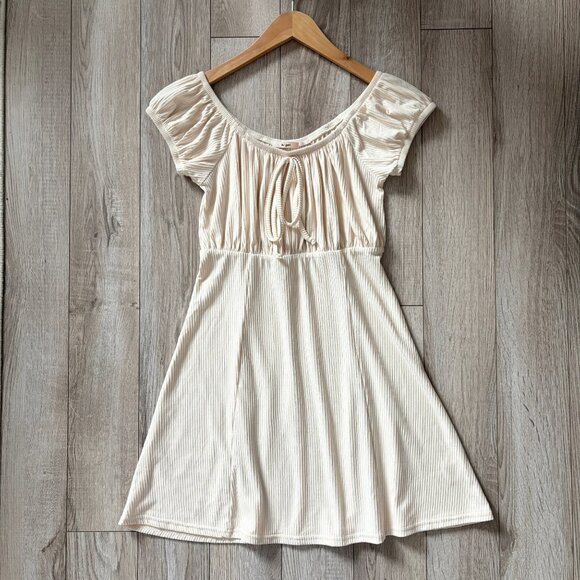 Mi Ami Ribbed Mini Dress Beige Cream Womens Small Boho Cottagecore Babydoll 90s - Picture 3 of 13